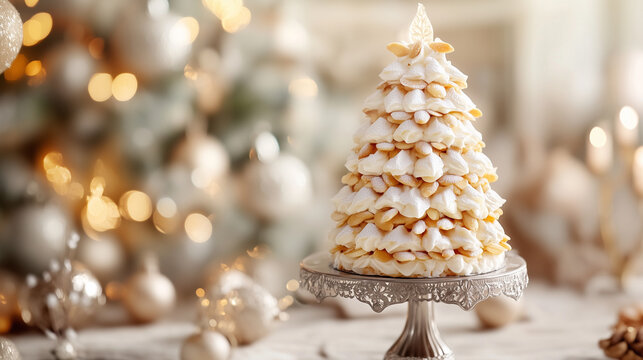 Kransekake festive cake shaped like a Christmas tree, elegant presentation with holiday decorations