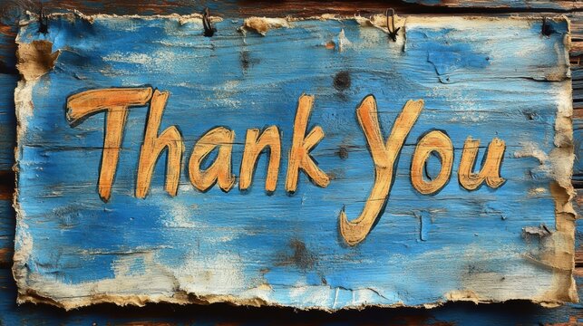 A weathered wooden sign with a blue background and the words Thank You painted in bold, rustic orange letters, hanging outdoors, evoking a sense of gratitude and appreciation