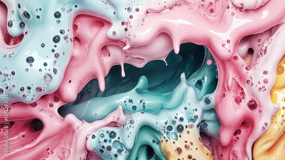 Poster an artistic representation of flowing paint with a bubble-like texture showcasing a vibrant palette 