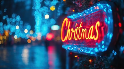 A vibrant, festive night scene featuring a neon sign with the word Christmas illuminated in bright colors, surrounded by bokeh lights and holiday decorations