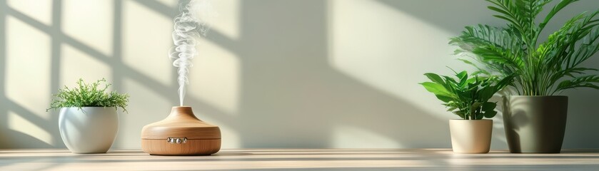 Obraz premium A serene indoor scene featuring lush plants, a decorative vase, and gentle sunlight creating calming shadows.