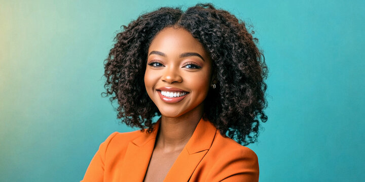 Young Black woman in an orange blazer smiles confidently against a vibrant blue-green background
