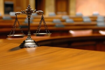 A close-up of a traditional balance scale placed on a polished wooden table in a courtroom setting, symbolizing justice and fairness.