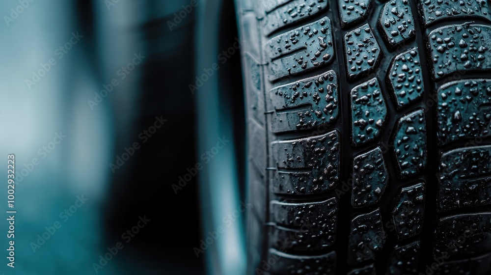 Poster high-resolution image showcasing a close-up view of a wet car tire. the tread patterns and water dro