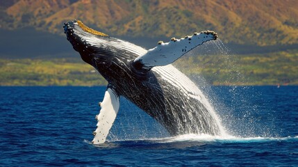 Naklejka premium Majestic Humpback Whale Breaching the Waves in the Open Ocean