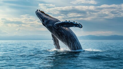 Fototapeta premium Majestic Humpback Whale Breaching the Serene Ocean Surface