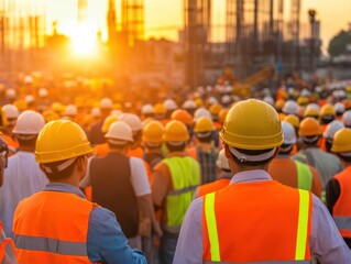 Construction workers gather at sunset, wearing safety helmets and vests, ready for the day's tasks on a busy job site.
