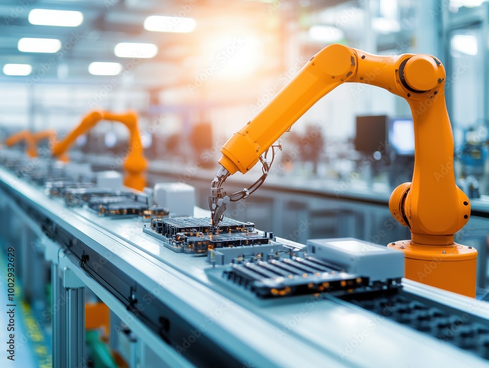 Poster advanced robotic arm in a modern factory, showcasing automation technology in manufacturing processe
