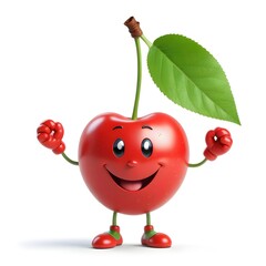 A smiling red cherry with a green leaf , cartoon character with arms and legs