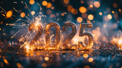Happy New Year 2025. Burning sparkling text 2025 isolated on black background. Celebration New Year's Eve. Beautiful Glowing design element for greeting card and holiday flyer, generative ai