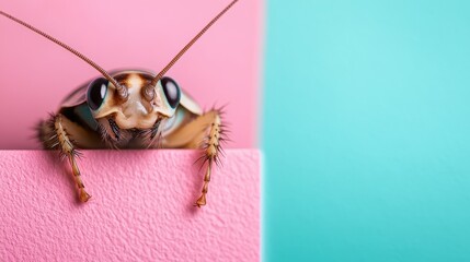 A cockroach peers over the edge of two pastel surfaces in a detailed macro view, showcasing its inquisitive nature and adaptive behaviors in a unique setting.