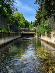 Fototapeta premium A hyper-realistic view of the effluent discharge point where treated water is released into a nearby river. The clear water contrasts with the surrounding environment
