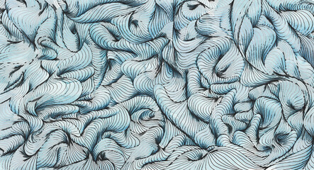 Fondo de líneas, psicodélico, de tonos azules. con líneas sinuosas imitando el fondo del mar. Ilustración en acuarela