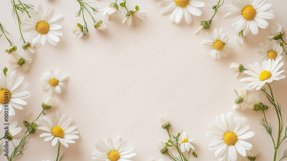 Canvas Prints A delicate chamomile daisy wreath on a light beige backdrop, leaving room in the center for branding, text,