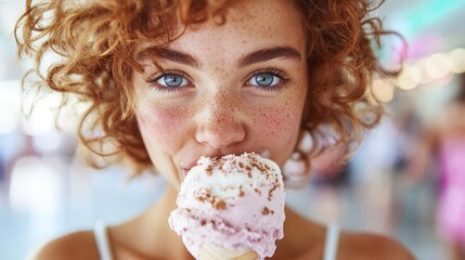 A young woman with freckles and curly hair delightfully enjoys a pink ice cream cone, reflecting youthful joy and carefree spirit in a vibrant setting.