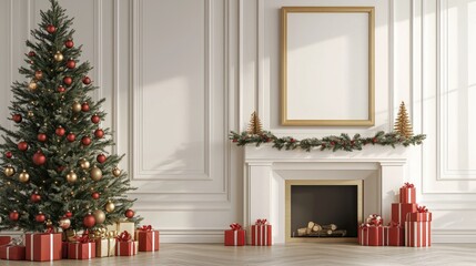 Empty wood frame on the wall above a fireplace in a white living room, Christmas tree adorned with Christmas ornaments, with red and gold presents 
