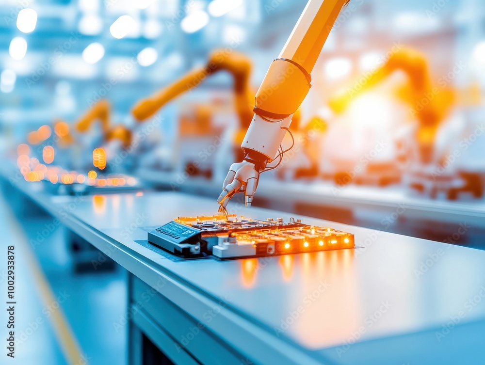 Poster a close-up of an industrial robot arm assembling parts in a modern factory environment with vibrant 