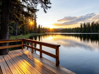 Serene sunset over a tranquil lake, with golden rays reflecting on calm water, surrounded by lush trees and nature's beauty.