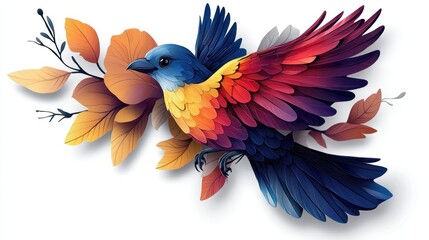 Obraz premium Vibrant, multicolored bird illustration perched on autumn leaves with a white background.