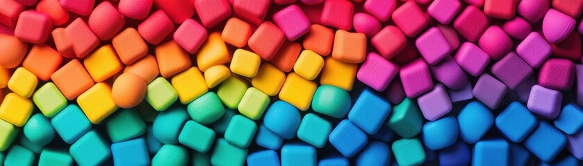 A vibrant display of colorful foam cubes arranged in a gradient, evoking creativity and playful inspiration.