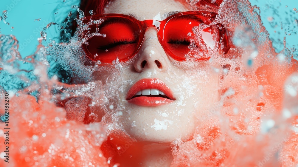 Poster close-up of a woman wearing red sunglasses, partially submerged in water with dynamic splash effects