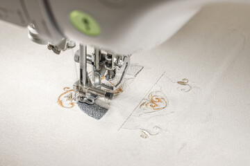 Machine for embroidering colored patterns on fabric.