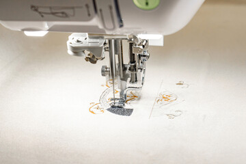 Machine for embroidering colored patterns on fabric.