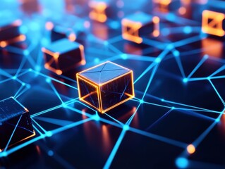 Obraz premium Futuristic digital technology with glowing geometric shapes and interconnected lines, symbolizing advanced connectivity.