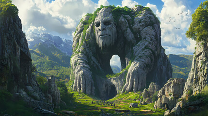 Fototapeta premium A stone giant whose body forms a natural fortress of cliffs and caves, protecting a hidden valley within,. Hidden Valley. Illustration
