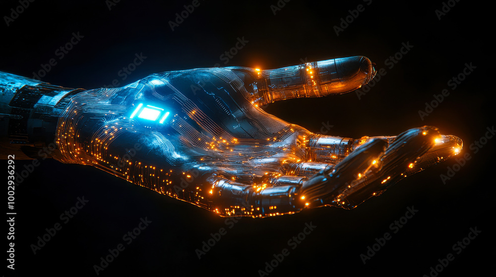 Poster futuristic robotic hand with illuminated circuits and glowing fingertip on black background depictin