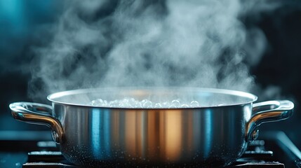A stainless steel pot filled with rapidly boiling water sits on the stove, releasing steam, capturing a moment of simple daily life with dynamic energy.