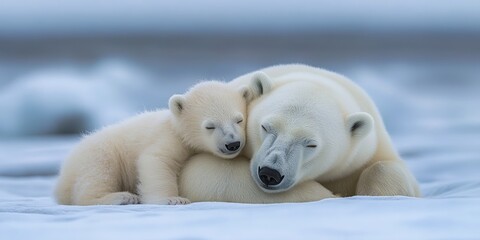 A serene moment with a polar bear mother and her cub resting together in a snowy landscape.