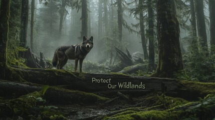 Naklejka premium Lone Wolf in Misty Forest Scene