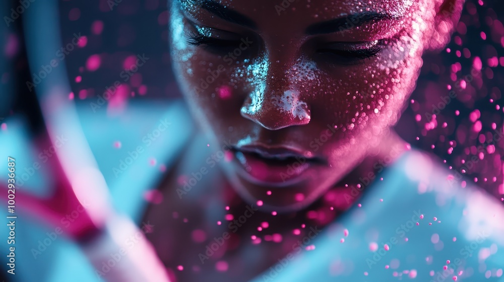 Poster a vibrant close-up image of a tennis player, with droplets of pink liquid scattered across the scene