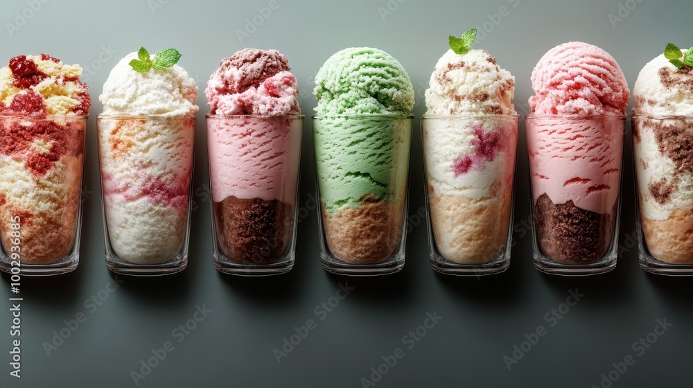 Poster a visually appealing display of various ice cream flavors served in glasses, showcasing a delightful
