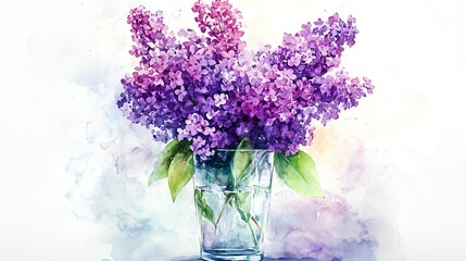 A vibrant watercolor painting of lilac flowers in a glass vase, showcasing soft hues and delicate petals for a soothing ambiance.