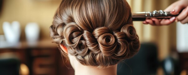 Elegant bridal hairstyle with intricate curls, showcasing a stunning updo and beautiful styling technique in a soft-lit environment.