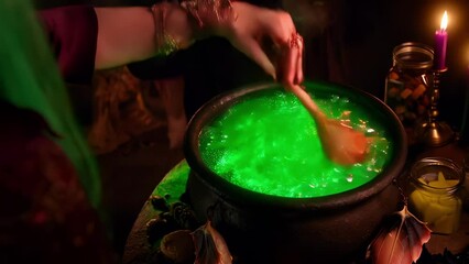 Witch brewing magical potion in cauldron with glowing bottles eye of newt candlelight, spooky Halloween setting