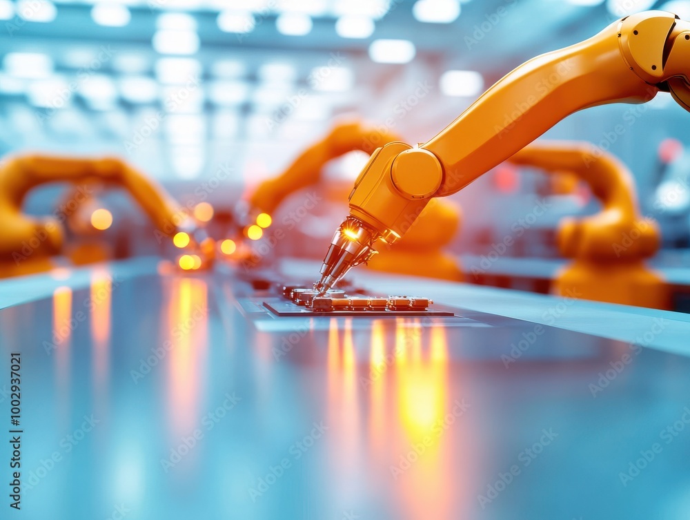 Poster advanced robotic arm working on a production line in a modern factory, showcasing automation and ind