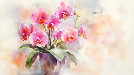 Fototapeta premium Beautiful watercolor painting of pink orchids in a pot, showcasing vibrant colors and delicate details, perfect for floral decor.