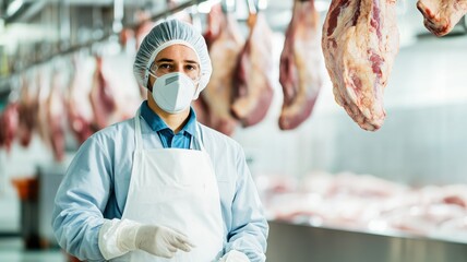 A butcher wearing protective gear stands in a meat processing facility, surrounded by hanging cuts of meat, ensuring food safety.