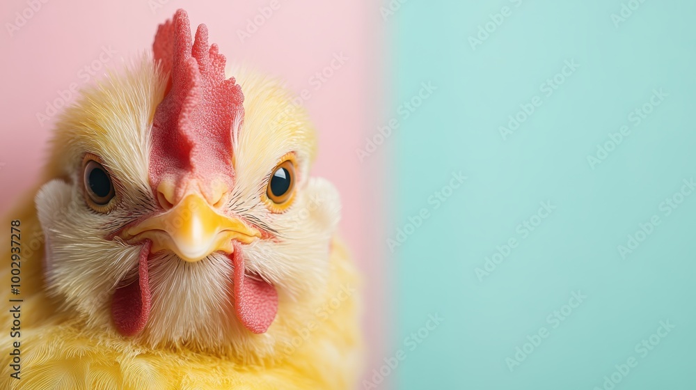 Poster an intense close-up shot captures a chicken's face against a bold pastel backdrop, accentuating its 