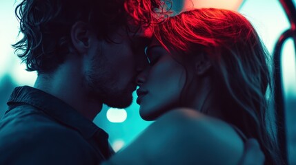 A couple immersed in a passionate embrace, illuminated by vibrant lighting, creating an intimate and romantic atmosphere that highlights their deep connection.