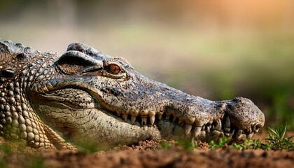 A close-up of a crocodile’s snout breaking through turf, dirt clinging to its rough skin. Th 