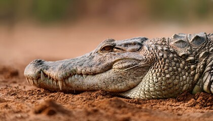 Fototapeta premium A close-up of a crocodile’s snout breaking through turf, dirt clinging to its rough skin. Th 