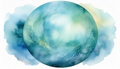 A delicate, soft-focus watercolor circle in shades of light blue and green, isolated on a tr 