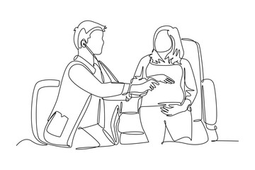 Single continuous line drawing smart male obstetrics and gynecology doctor checking young pregnant mom laying on sofa. Pregnancy health care treatment. One line draw graphic design vector illustration