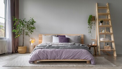 A minimalist Scandinavian bedroom with a light wooden bed dressed in deep purple bedding, a