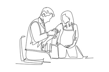 Single continuous line drawing male obstetrics and gynecology doctor checking the patient's blood pressure and fetal condition. Pregnancy health care. One line draw graphic design vector illustration