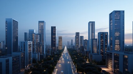 A stunning city skyline at dusk, showcasing modern architecture and vibrant urban life along a busy thoroughfare.